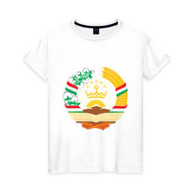 Женская футболка хлопок с принтом Таджикистан герб в Белгороде, 100% хлопок | прямой крой, круглый вырез горловины, длина до линии бедер, слегка спущенное плечо | герб | государство | символ | снг | страна | таджикинстан