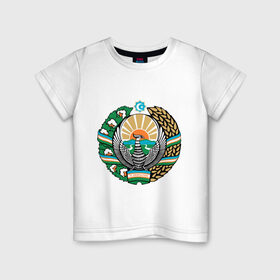 Детская футболка хлопок с принтом Узбекистан герб в Белгороде, 100% хлопок | круглый вырез горловины, полуприлегающий силуэт, длина до линии бедер | герб | государство | символ | снг | страна | узбекистан
