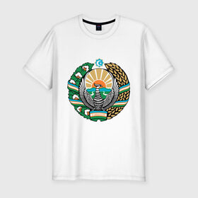 Мужская футболка премиум с принтом Узбекистан герб в Белгороде, 92% хлопок, 8% лайкра | приталенный силуэт, круглый вырез ворота, длина до линии бедра, короткий рукав | герб | государство | символ | снг | страна | узбекистан
