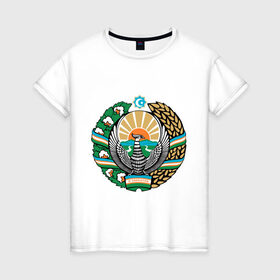 Женская футболка хлопок с принтом Узбекистан герб в Белгороде, 100% хлопок | прямой крой, круглый вырез горловины, длина до линии бедер, слегка спущенное плечо | герб | государство | символ | снг | страна | узбекистан