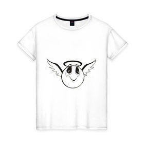 Женская футболка хлопок с принтом Смайл-ангел в Белгороде, 100% хлопок | прямой крой, круглый вырез горловины, длина до линии бедер, слегка спущенное плечо | 