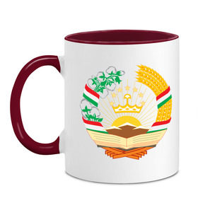 Кружка двухцветная с принтом Таджикистан герб в Белгороде, керамика | объем — 330 мл, диаметр — 80 мм. Цветная ручка и кайма сверху, в некоторых цветах — вся внутренняя часть | политические | таджикистан герб | таджиксткий