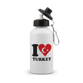 Бутылка спортивная с принтом I love turkey в Белгороде, металл | емкость — 500 мл, в комплекте две пластиковые крышки и карабин для крепления | Тематика изображения на принте: i love turkey | полумесяц | турция | флаги | я люблю