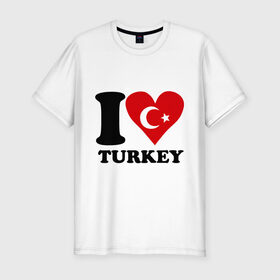 Мужская футболка премиум с принтом I love turkey в Белгороде, 92% хлопок, 8% лайкра | приталенный силуэт, круглый вырез ворота, длина до линии бедра, короткий рукав | Тематика изображения на принте: i love turkey | полумесяц | турция | флаги | я люблю