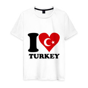 Мужская футболка хлопок с принтом I love turkey в Белгороде, 100% хлопок | прямой крой, круглый вырез горловины, длина до линии бедер, слегка спущенное плечо. | Тематика изображения на принте: i love turkey | полумесяц | турция | флаги | я люблю