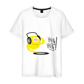 Мужская футболка хлопок с принтом Hey DJ! в Белгороде, 100% хлопок | прямой крой, круглый вырез горловины, длина до линии бедер, слегка спущенное плечо. | Тематика изображения на принте: deejay | hey | вертушки | диджей | пластинка | привет