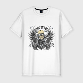 Мужская футболка премиум с принтом Rock `n `Roll в Белгороде, 92% хлопок, 8% лайкра | приталенный силуэт, круглый вырез ворота, длина до линии бедра, короткий рукав | Тематика изображения на принте: гитара | крылья