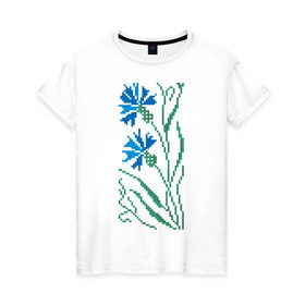 Женская футболка хлопок с принтом Василек-вышивка в Белгороде, 100% хлопок | прямой крой, круглый вырез горловины, длина до линии бедер, слегка спущенное плечо | василек | вышивать | вышивка | крестик | крестиком | цветок | цветочки | цветы