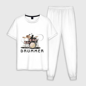 Мужская пижама хлопок с принтом Drummer в Белгороде, 100% хлопок | брюки и футболка прямого кроя, без карманов, на брюках мягкая резинка на поясе и по низу штанин
 | drummer | барабанщик | барабаны | драммер | ударник | ударные
