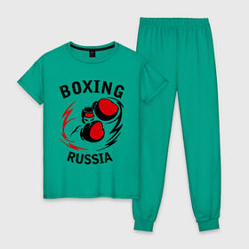 Женская пижама хлопок с принтом Boxing russia forever в Белгороде, 100% хлопок | брюки и футболка прямого кроя, без карманов, на брюках мягкая резинка на поясе и по низу штанин | 