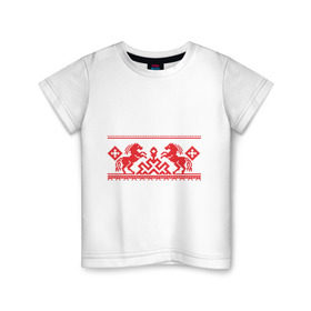 Детская футболка хлопок с принтом Кони-вышивка в Белгороде, 100% хлопок | круглый вырез горловины, полуприлегающий силуэт, длина до линии бедер | вышивка | кони | конь | лошадь | русский | славянский стиль | узор