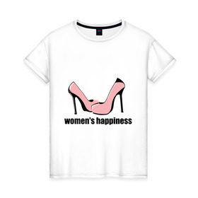 Женская футболка хлопок с принтом Женское счастье в Белгороде, 100% хлопок | прямой крой, круглый вырез горловины, длина до линии бедер, слегка спущенное плечо | woman | гламур | девушкам | женское счастье | каблуки | розовые туфли | туфли | шпильки