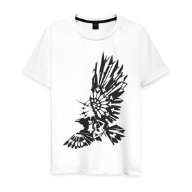 Мужская футболка хлопок с принтом Ворон (2) в Белгороде, 100% хлопок | прямой крой, круглый вырез горловины, длина до линии бедер, слегка спущенное плечо. | trible | ворон | графика | птица | рисунок | трайблы | узоры