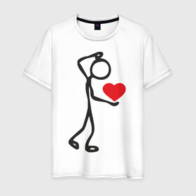 Мужская футболка хлопок с принтом Человечек с сердцем (2) в Белгороде, 100% хлопок | прямой крой, круглый вырез горловины, длина до линии бедер, слегка спущенное плечо. | влюбленный | сердечко в руках | сердце | сердце в руках | человечек