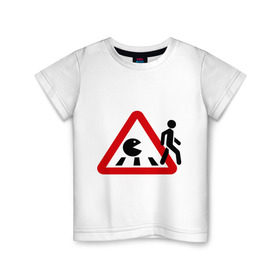 Детская футболка хлопок с принтом Хищный pacman в Белгороде, 100% хлопок | круглый вырез горловины, полуприлегающий силуэт, длина до линии бедер | pacman | голодный колобок.пэкмен | дорожные знаки | пакмен | пешеход