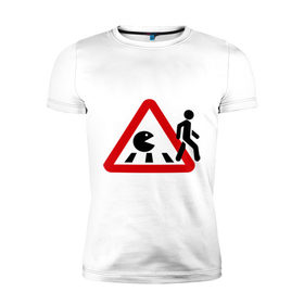 Мужская футболка премиум с принтом Хищный pacman в Белгороде, 92% хлопок, 8% лайкра | приталенный силуэт, круглый вырез ворота, длина до линии бедра, короткий рукав | pacman | голодный колобок.пэкмен | дорожные знаки | пакмен | пешеход