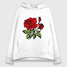 Женское худи Oversize хлопок с принтом Роза в Белгороде, френч-терри — 70% хлопок, 30% полиэстер. Мягкий теплый начес внутри —100% хлопок | боковые карманы, эластичные манжеты и нижняя кромка, капюшон на магнитной кнопке | красная роза | роза | розочка | цветок | цветы