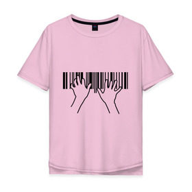 Мужская футболка хлопок Oversize с принтом Фортепиано штрихкод в Белгороде, 100% хлопок | свободный крой, круглый ворот, “спинка” длиннее передней части | пианино | руки | фортепиано | штрих код | штрихкод