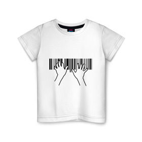 Детская футболка хлопок с принтом Фортепиано штрихкод в Белгороде, 100% хлопок | круглый вырез горловины, полуприлегающий силуэт, длина до линии бедер | пианино | руки | фортепиано | штрих код | штрихкод