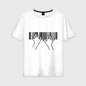 Женская футболка хлопок Oversize с принтом Фортепиано штрихкод в Белгороде, 100% хлопок | свободный крой, круглый ворот, спущенный рукав, длина до линии бедер
 | пианино | руки | фортепиано | штрих код | штрихкод