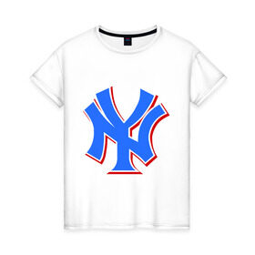 Женская футболка хлопок с принтом NY Yankees blue в Белгороде, 100% хлопок | прямой крой, круглый вырез горловины, длина до линии бедер, слегка спущенное плечо | baseball | major league basebal | mlb | ny | staten island | yankees | америка | бейсбол | бита | главная лига бейсбола | нью йорк янкиз | статен айленд | сша | янки