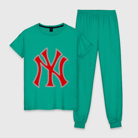 Женская пижама хлопок с принтом NY Yankees red в Белгороде, 100% хлопок | брюки и футболка прямого кроя, без карманов, на брюках мягкая резинка на поясе и по низу штанин | baseball | major league basebal | mlb | ny | staten island | yankees | америка | бейсбол | бита | главная лига бейсбола | нью йорк янкиз | статен айленд | сша | янки