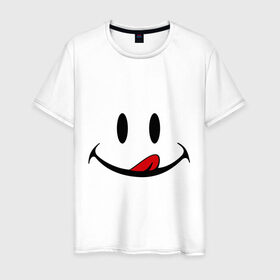 Мужская футболка хлопок с принтом Смайл язык в Белгороде, 100% хлопок | прямой крой, круглый вырез горловины, длина до линии бедер, слегка спущенное плечо. | smile | рожица | смайл | улыбка | язык