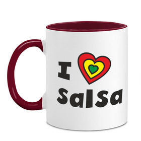 Кружка двухцветная с принтом Я люблю сальсу (5) в Белгороде, керамика | объем — 330 мл, диаметр — 80 мм. Цветная ручка и кайма сверху, в некоторых цветах — вся внутренняя часть | Тематика изображения на принте: bachata | i love | i love salsa | lambada | latina | salsa | бачата | ламбада | латина | латиноамериканская музыка | латиноамериканские танцы | сальса | танго | танец | танцы | ча ча ча | я люблю | я люблю сальсу