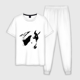 Мужская пижама хлопок с принтом Лошадь черно-белая (5) в Белгороде, 100% хлопок | брюки и футболка прямого кроя, без карманов, на брюках мягкая резинка на поясе и по низу штанин
 | конь | лошадка | лошадь | лошадь черно белая