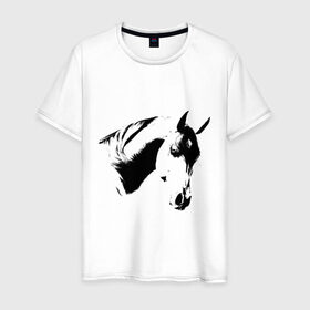 Мужская футболка хлопок с принтом Лошадь черно-белая (5) в Белгороде, 100% хлопок | прямой крой, круглый вырез горловины, длина до линии бедер, слегка спущенное плечо. | Тематика изображения на принте: конь | лошадка | лошадь | лошадь черно белая