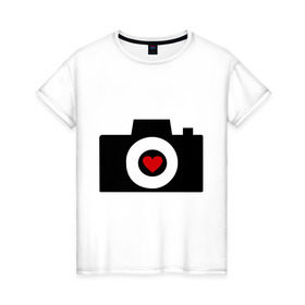 Женская футболка хлопок с принтом Фотоаппарат с сердцем в Белгороде, 100% хлопок | прямой крой, круглый вырез горловины, длина до линии бедер, слегка спущенное плечо | foto | photo | камера | объектив | сердечко | сердце | снимать | снимок | съемка | фотик | фото | фотоапарат | фотоаппарат | фотограф | фотокамера