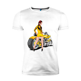 Мужская футболка премиум с принтом The excellent bike & sexy girl (2) в Белгороде, 92% хлопок, 8% лайкра | приталенный силуэт, круглый вырез ворота, длина до линии бедра, короткий рукав | байк | девушка | для байкеров | красивая девушка | мото | мотоцикл | супер мотоцикл | супермотоцикл