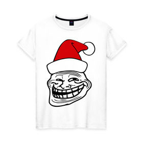 Женская футболка хлопок с принтом Trollface в колпаке в Белгороде, 100% хлопок | прямой крой, круглый вырез горловины, длина до линии бедер, слегка спущенное плечо | troll face | колпак | новогодний | новый год | рожа | тролл фейс | тролль | тролфейс | троль