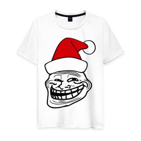 Мужская футболка хлопок с принтом Trollface в колпаке в Белгороде, 100% хлопок | прямой крой, круглый вырез горловины, длина до линии бедер, слегка спущенное плечо. | troll face | колпак | новогодний | новый год | рожа | тролл фейс | тролль | тролфейс | троль