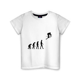 Детская футболка хлопок с принтом Эволюция лыжник в Белгороде, 100% хлопок | круглый вырез горловины, полуприлегающий силуэт, длина до линии бедер | гора | горные лыжи | зимний спорт | лыжник | лыжный спорт | трассы | шерегеш | эволюция | экстремальный спорт | экстрим