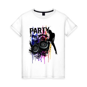 Женская футболка хлопок с принтом Party Time в Белгороде, 100% хлопок | прямой крой, круглый вырез горловины, длина до линии бедер, слегка спущенное плечо | club | club music | dubstep | party | party time | вечеринка | клуб | клубная музыка | клубняк | колонки | пати тайм