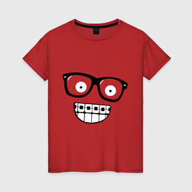 Женская футболка хлопок с принтом Ботаник в очках в Белгороде, 100% хлопок | прямой крой, круглый вырез горловины, длина до линии бедер, слегка спущенное плечо | ботаник | брекеты | брекиты | в очках | заучка | зубы | очкарик | очки | улыбаться | улыбка