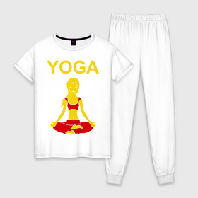 Женская пижама хлопок с принтом yoga в Белгороде, 100% хлопок | брюки и футболка прямого кроя, без карманов, на брюках мягкая резинка на поясе и по низу штанин | yoga | девушка | здоровый образ жизни | зож | йога | кундалини | медитация | фитнес