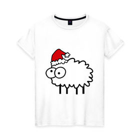 Женская футболка хлопок с принтом Новогодний бараш в Белгороде, 100% хлопок | прямой крой, круглый вырез горловины, длина до линии бедер, слегка спущенное плечо | баран | бараш | бараш в шапке | барашек | новый год | овечка
