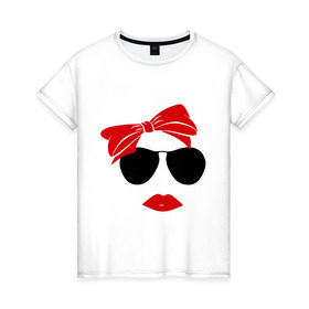 Женская футболка хлопок с принтом Vintage в Белгороде, 100% хлопок | прямой крой, круглый вырез горловины, длина до линии бедер, слегка спущенное плечо | бант | винтаж | губы | девушка | лицо | очки | помада
