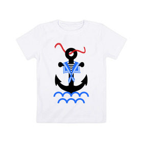 Детская футболка хлопок с принтом морской якорь в Белгороде, 100% хлопок | круглый вырез горловины, полуприлегающий силуэт, длина до линии бедер | волны | канат | капитан | катер | корабль | море | моряк | плавание | порт | пристань | река | судоходный | тельняшка