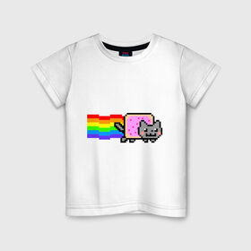 Детская футболка хлопок с принтом Nyan Cat в Белгороде, 100% хлопок | круглый вырез горловины, полуприлегающий силуэт, длина до линии бедер | Тематика изображения на принте: nyan cat | интернет приколы | кошка | нян кэт