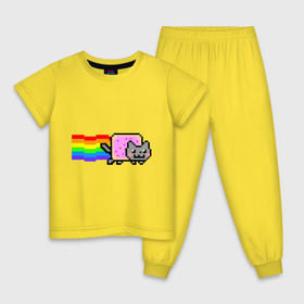 Детская пижама хлопок с принтом Nyan Cat в Белгороде, 100% хлопок |  брюки и футболка прямого кроя, без карманов, на брюках мягкая резинка на поясе и по низу штанин
 | Тематика изображения на принте: nyan cat | интернет приколы | кошка | нян кэт