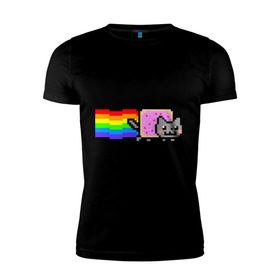 Мужская футболка премиум с принтом Nyan Cat в Белгороде, 92% хлопок, 8% лайкра | приталенный силуэт, круглый вырез ворота, длина до линии бедра, короткий рукав | nyan cat | интернет приколы | кошка | нян кэт