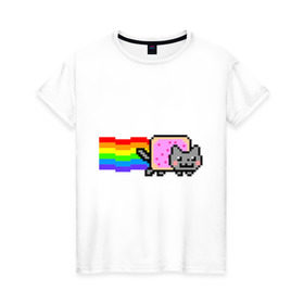 Женская футболка хлопок с принтом Nyan Cat в Белгороде, 100% хлопок | прямой крой, круглый вырез горловины, длина до линии бедер, слегка спущенное плечо | nyan cat | интернет приколы | кошка | нян кэт