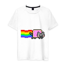 Мужская футболка хлопок с принтом Nyan Cat в Белгороде, 100% хлопок | прямой крой, круглый вырез горловины, длина до линии бедер, слегка спущенное плечо. | nyan cat | интернет приколы | кошка | нян кэт