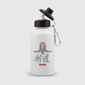Бутылка спортивная с принтом Кендо маска иероглиф в Белгороде, металл | емкость — 500 мл, в комплекте две пластиковые крышки и карабин для крепления | Тематика изображения на принте: kendo | иероглиф | кендо | кендо иероглиф | лого | маска