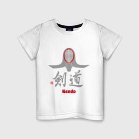 Детская футболка хлопок с принтом Кендо маска иероглиф в Белгороде, 100% хлопок | круглый вырез горловины, полуприлегающий силуэт, длина до линии бедер | kendo | иероглиф | кендо | кендо иероглиф | лого | маска