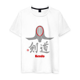Мужская футболка хлопок с принтом Кендо маска иероглиф в Белгороде, 100% хлопок | прямой крой, круглый вырез горловины, длина до линии бедер, слегка спущенное плечо. | Тематика изображения на принте: kendo | иероглиф | кендо | кендо иероглиф | лого | маска