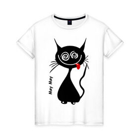 Женская футболка хлопок с принтом Кошка Мяу в Белгороде, 100% хлопок | прямой крой, круглый вырез горловины, длина до линии бедер, слегка спущенное плечо | кот | котенок | котик | кошка | кошка мяу | мяу | черная кошка | черный кот